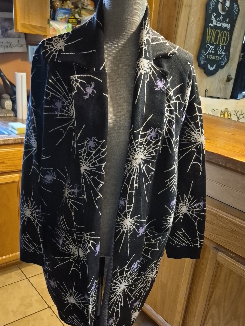 ModCloth Black Spiderweb Open-Front Coatigan with Purple Accents